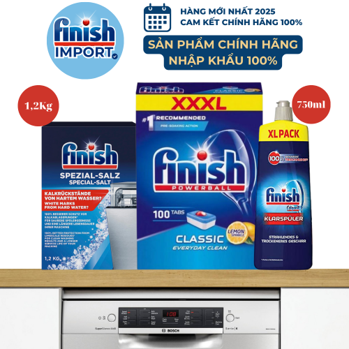 Combo 3 món: 100 viên Finish Classic, 1,2kg muối làm mềm nước, 750ml nước làm bóng Finish, giúp làm sạch và bảo vệ máy hiệu quả